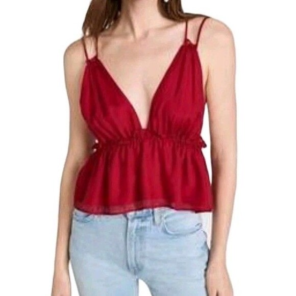 Cami NYC Silk Babydoll Deep V Camisole Womens XS Red Braided Straps Lightweight - Picture 1 of 9